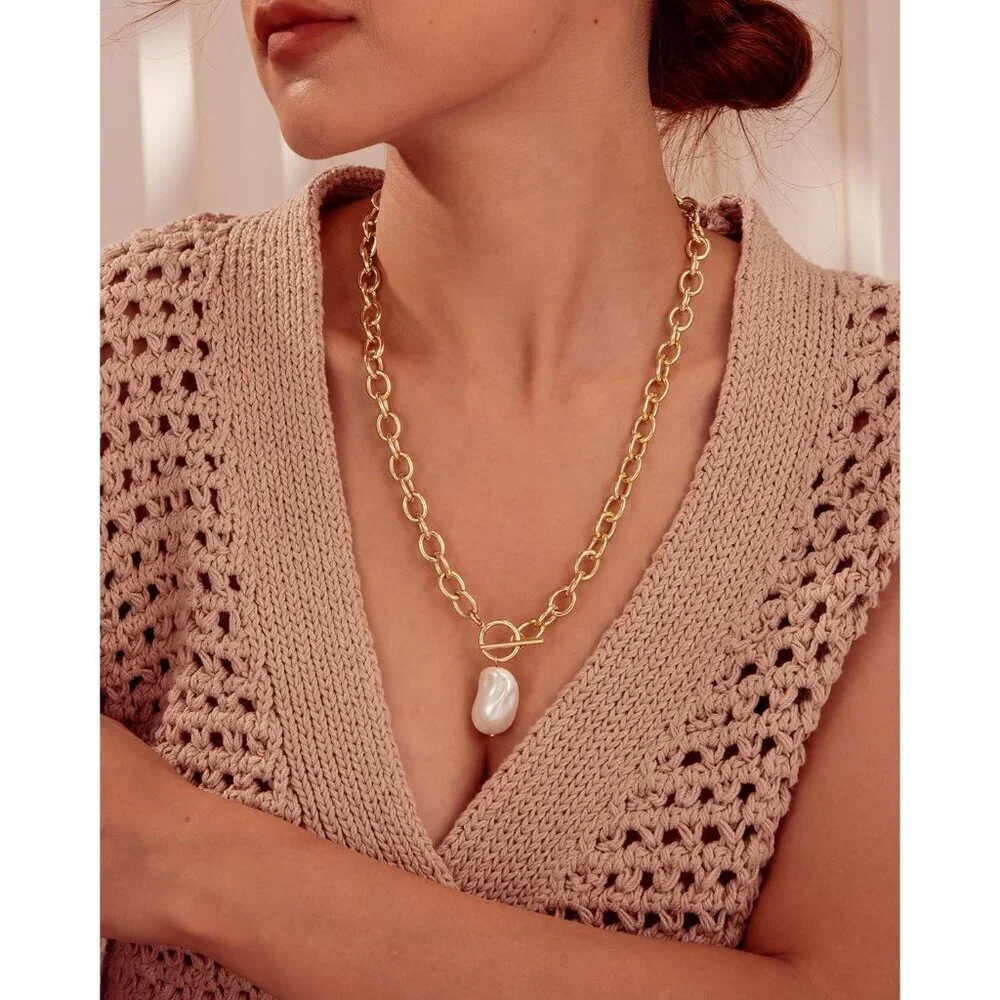 14K Gold  pearl-gd Plated Chunky Layered Necklace | Paperclip Herringbone Chain - Picture 5 of 7